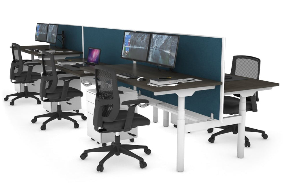 Flexi Premium Height Adjustable 6 Person H-Bench Workstation - White Frame [1600L x 700W]-dark oak deep blue (820H x 1600W) white cable tray