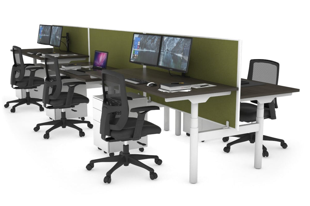 Flexi Premium Height Adjustable 6 Person H-Bench Workstation - White Frame [1600L x 700W]-dark oak green moss (820H x 1600W) none