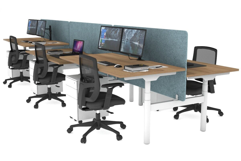 Flexi Premium Height Adjustable 6 Person H-Bench Workstation - White Frame [1600L x 800W with Cable Scallop]-salvage oak blue acoustic panel (820H x 1600W) none