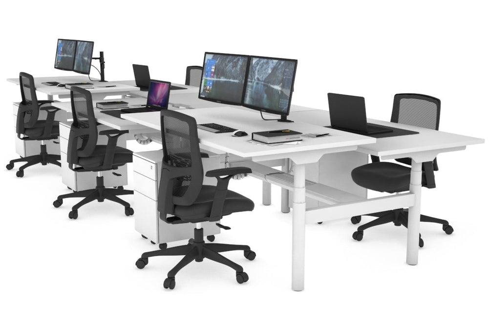 Flexi Premium Height Adjustable 6 Person H-Bench Workstation - White Frame [1600L x 800W with Cable Scallop]-white none white cable tray