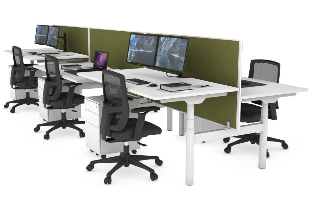 Flexi Premium Height Adjustable 6 Person H-Bench Workstation - White Frame [1600L x 800W with Cable Scallop]-white green moss (820H x 1600W) none