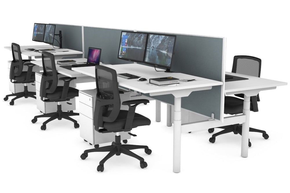 Flexi Premium Height Adjustable 6 Person H-Bench Workstation - White Frame [1600L x 800W with Cable Scallop]-white cool grey (820H x 1600W) none