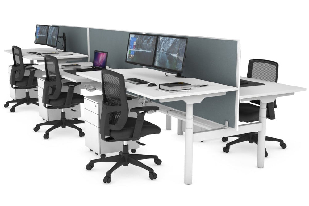 Flexi Premium Height Adjustable 6 Person H-Bench Workstation - White Frame [1600L x 800W with Cable Scallop]-white cool grey (820H x 1600W) white cable tray