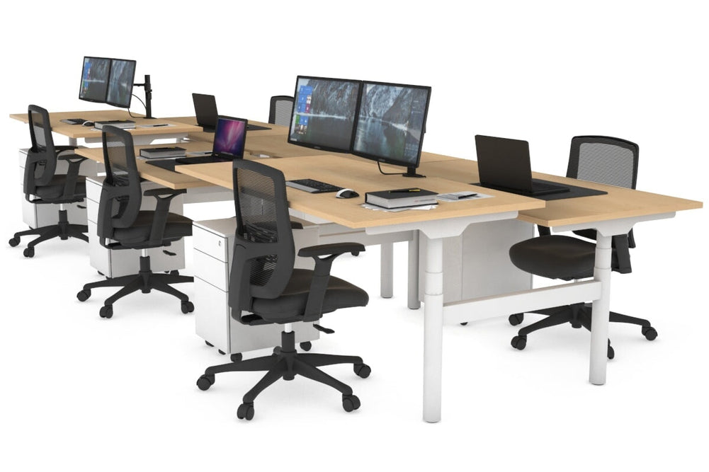 Flexi Premium Height Adjustable 6 Person H-Bench Workstation - White Frame [1600L x 800W with Cable Scallop]-maple none none