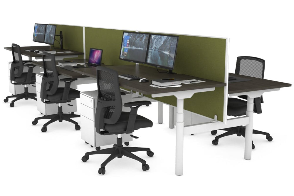 Flexi Premium Height Adjustable 6 Person H-Bench Workstation - White Frame [1600L x 800W with Cable Scallop]-dark oak green moss (820H x 1600W) none