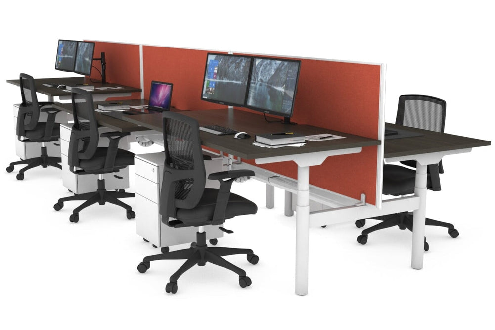 Flexi Premium Height Adjustable 6 Person H-Bench Workstation - White Frame [1600L x 800W with Cable Scallop]-dark oak orange squash (820H x 1600W) white cable tray