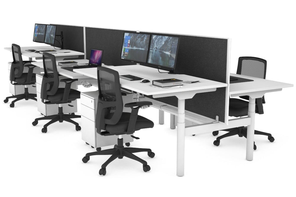 Flexi Premium Height Adjustable 6 Person H-Bench Workstation - White Frame [1600L x 800W with Cable Scallop]-white moody charcoal (820H x 1600W) white cable tray