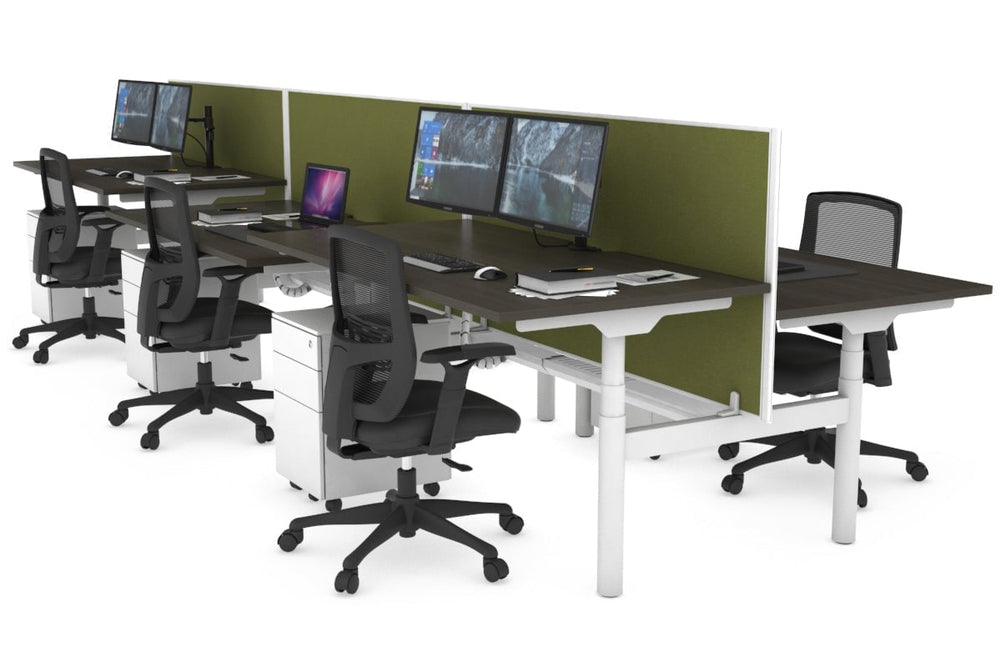 Flexi Premium Height Adjustable 6 Person H-Bench Workstation - White Frame [1600L x 800W with Cable Scallop]-dark oak green moss (820H x 1600W) white cable tray