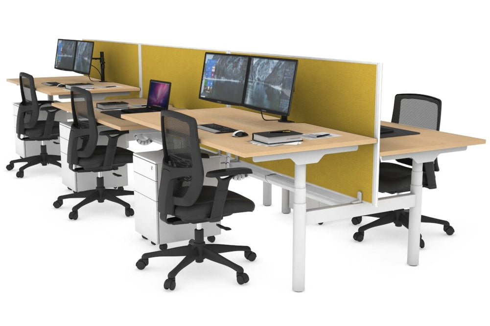 Flexi Premium Height Adjustable 6 Person H-Bench Workstation - White Frame [1600L x 800W with Cable Scallop]-maple mustard yellow (820H x 1600W) white cable tray
