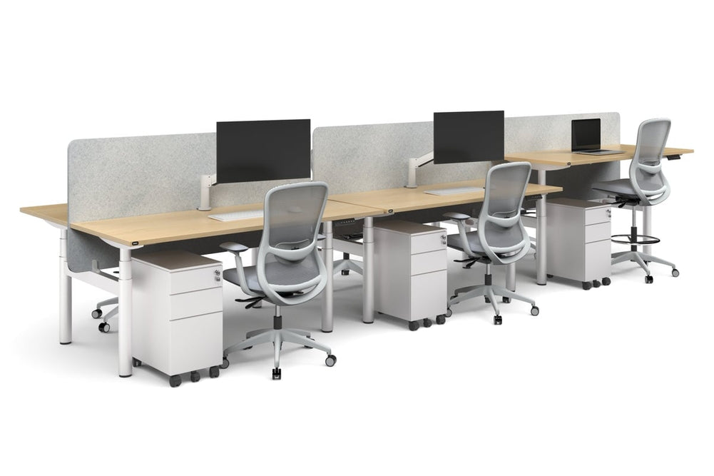 Flexi Premium Height Adjustable 6 Person H-Bench Workstation - White Frame [1400L x 700W]-dark oak moody charchoal (820H x 1400W) white cable tray