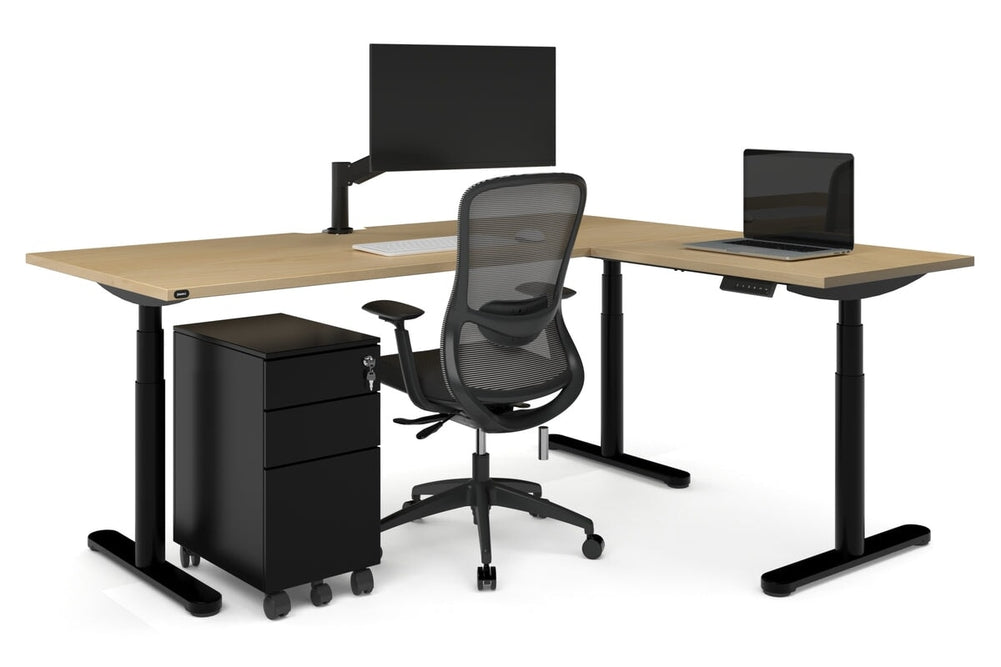 Flexi Premium Height Adjustable Corner Workstation [1600L x 1550W with Cable Scallop]-Black dark oak 