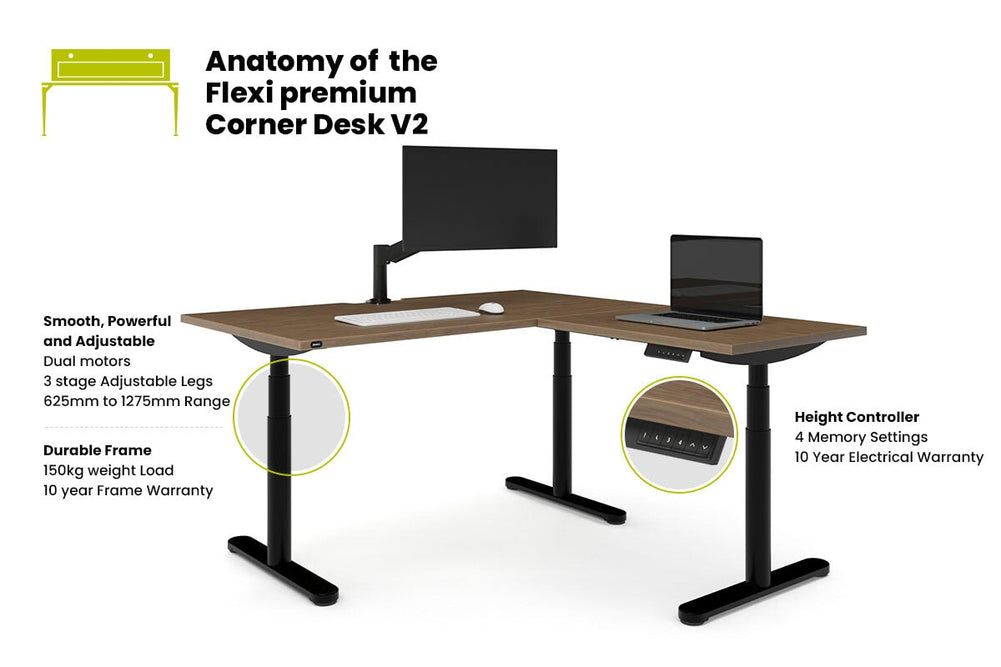 Flexi Premium Height Adjustable Corner Workstation [1600L x 1450W]-Black dark oak 