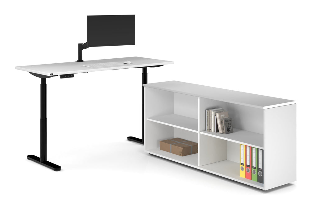 Flexi Premium Height Adjustable Desk Executive Setting [1600L x 700W]-black frame white open bookcase