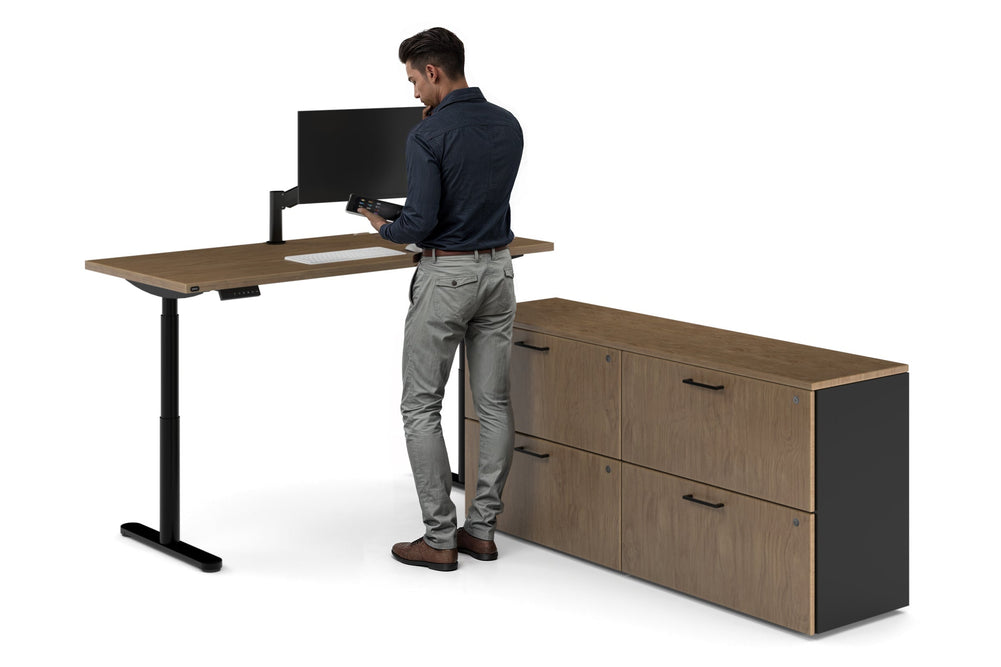 Flexi Premium Height Adjustable Desk Executive Setting [1600L x 700W]-black frame dark oak 4 drawer lateral filing cabinet