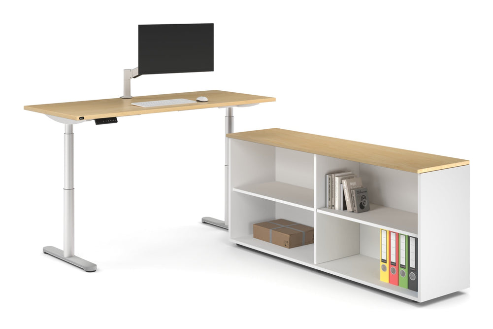 Flexi Premium Height Adjustable Desk Executive Setting [1600L x 800W with cable scallop]-white frame maple open bookcase