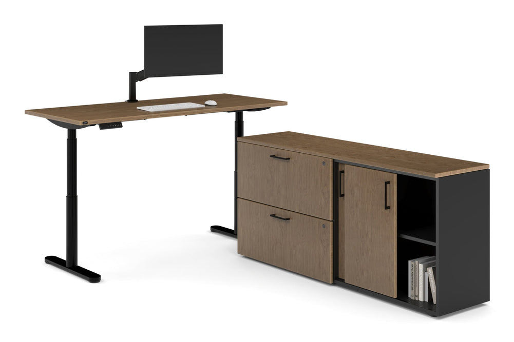 Flexi Premium Height Adjustable Desk Executive Setting [1600L x 800W with cable scallop]-black frame salvage oak 2 drawer lateral sliding door credenza