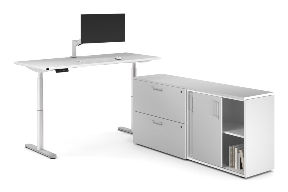 Flexi Premium Height Adjustable Desk Executive Setting [1600L x 800W with cable scallop]-white frame white 2 drawer lateral sliding door credenza