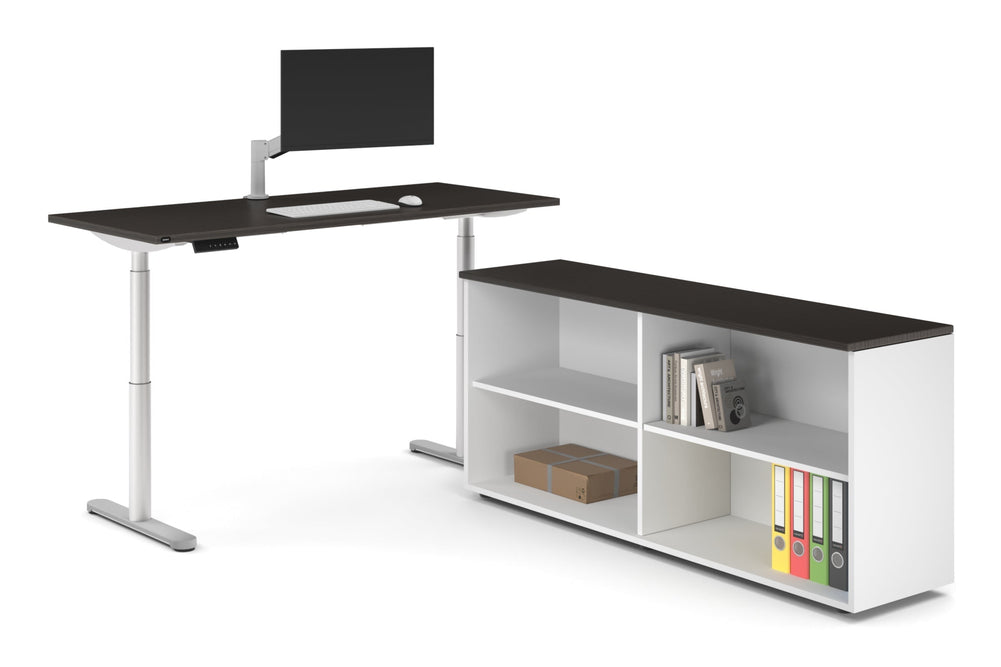 Flexi Premium Height Adjustable Desk Executive Setting [1800L x 700W]-white frame dark oak open bookcase