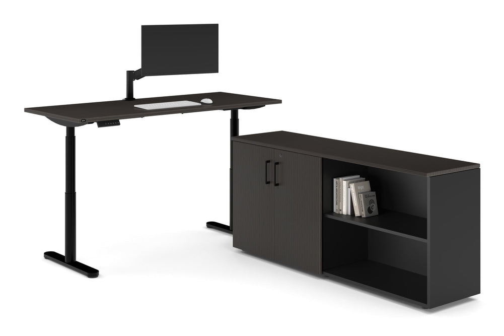 Flexi Premium Height Adjustable Desk Executive Setting [1800L x 700W]-black frame dark oak 2 door open storage cabinet