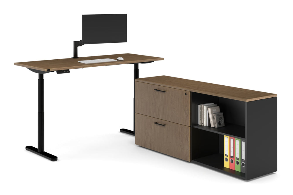 Flexi Premium Height Adjustable Desk Executive Setting [1800L x 800W with cable scallop]-black frame salvage oak 2 drawer open filing cabinet