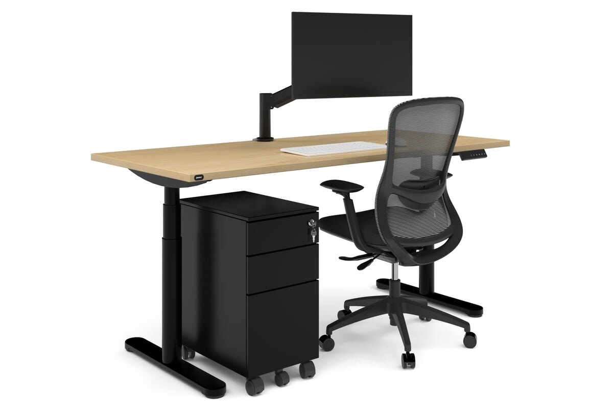 Flexi Premium Height Adjustable Single Workstation [1400L x 800W with Cable Scallop]-black leg dark oak moody charchoal (1200H x 1400W)