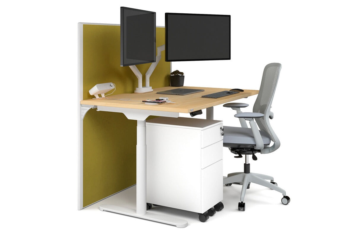 Flexi Premium Height Adjustable Single Workstation [1400L x 800W with Cable Scallop] Jasonl white leg maple mustard yellow (1200H x 1400W)
