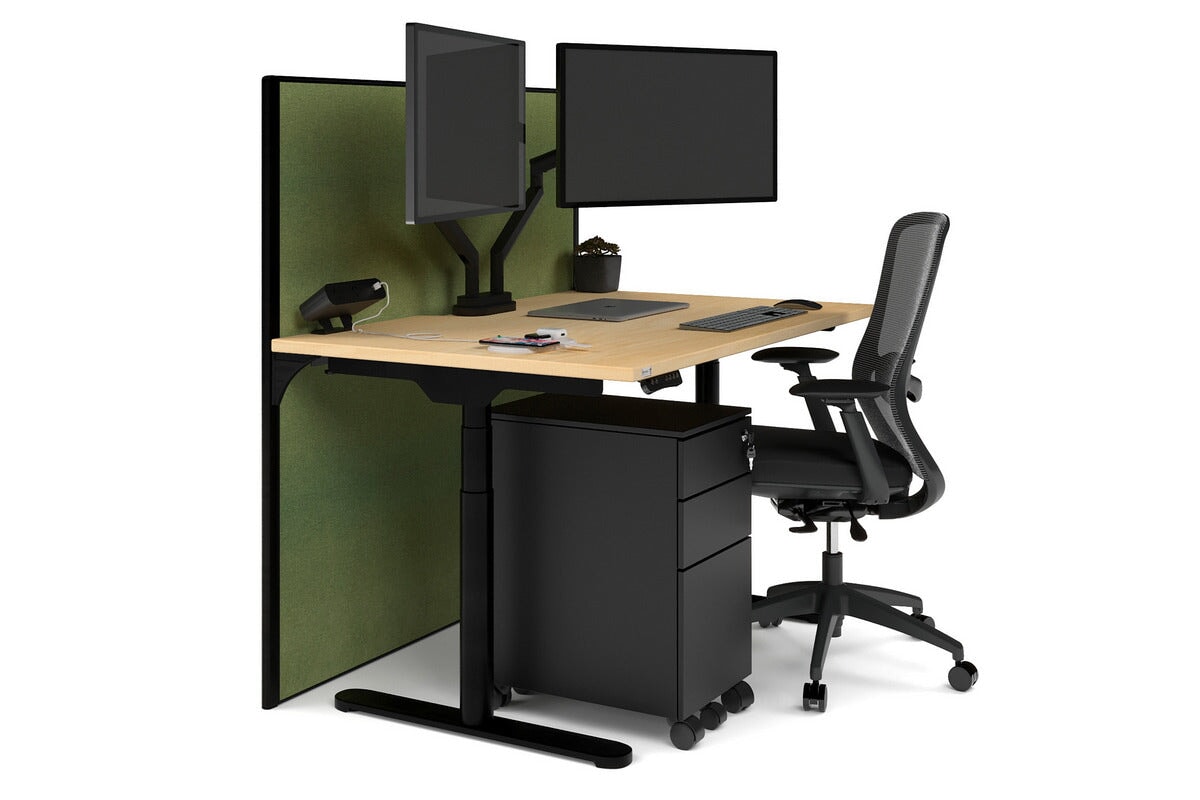 Flexi Premium Height Adjustable Single Workstation [1400L x 800W with Cable Scallop] Jasonl black leg maple green moss (1200H x 1400W)