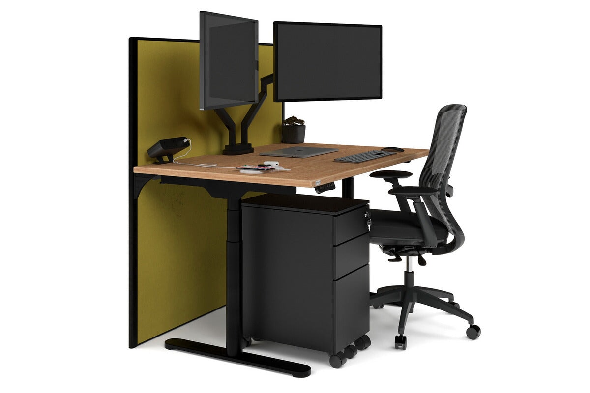 Flexi Premium Height Adjustable Single Workstation [1400L x 800W with Cable Scallop] Jasonl black leg salvage oak mustard yellow (1200H x 1400W)