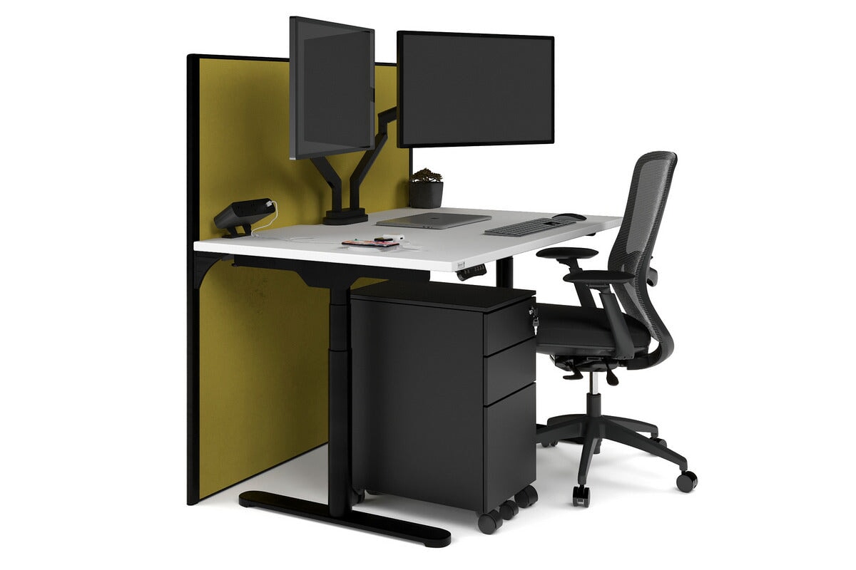 Flexi Premium Height Adjustable Single Workstation [1400L x 800W with Cable Scallop] Jasonl black leg white mustard yellow (1200H x 1400W)
