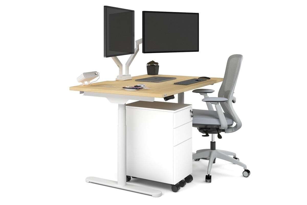 Flexi Premium Height Adjustable Single Workstation [1400L x 800W with Cable Scallop] Jasonl white leg maple none