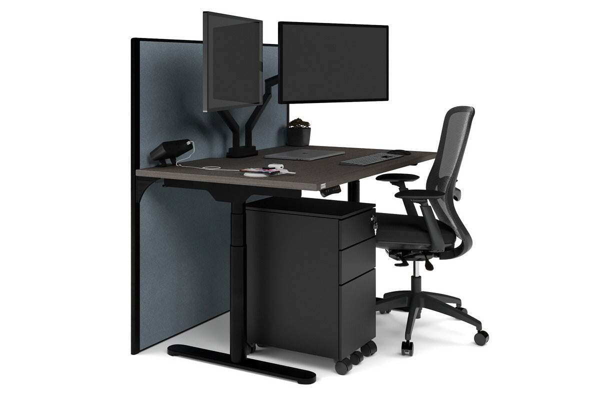 Flexi Premium Height Adjustable Single Workstation [1400L x 800W with Cable Scallop] Jasonl black leg dark oak cool grey (1200H x 1400W)