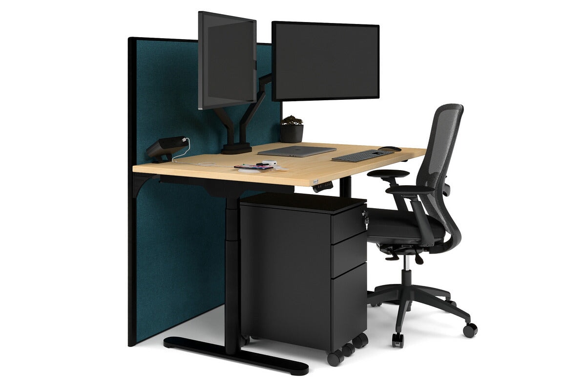Flexi Premium Height Adjustable Single Workstation [1400L x 800W with Cable Scallop] Jasonl black leg maple deep blue (1200H x 1400W)