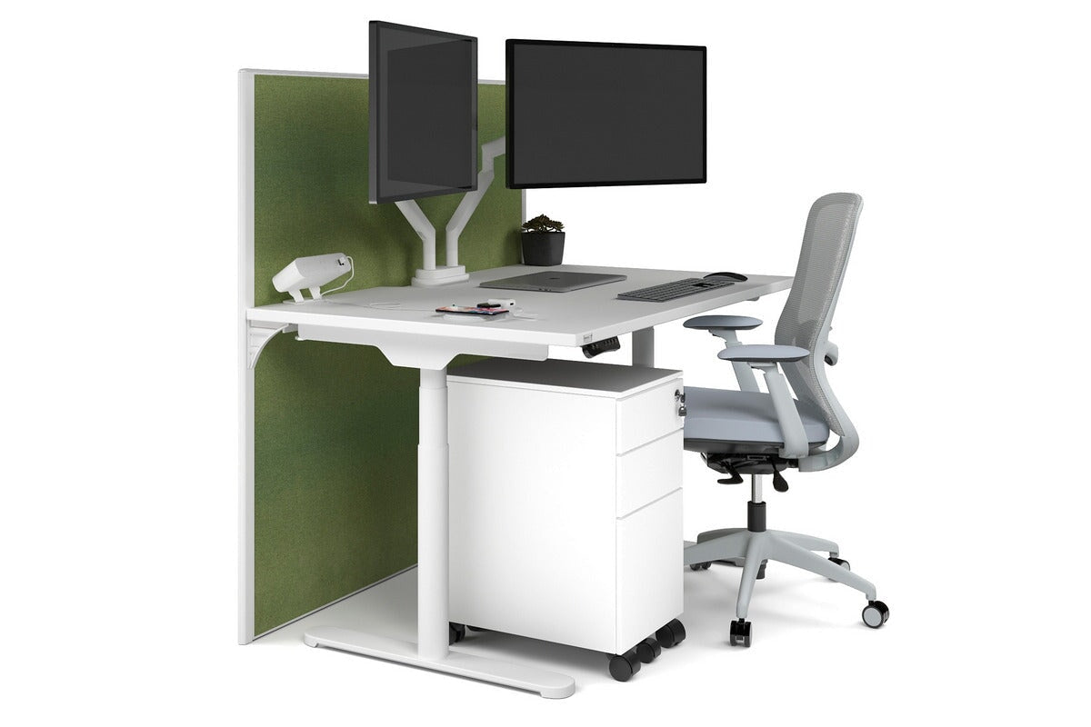 Flexi Premium Height Adjustable Single Workstation [1400L x 800W with Cable Scallop] Jasonl white leg white green moss (1200H x 1400W)