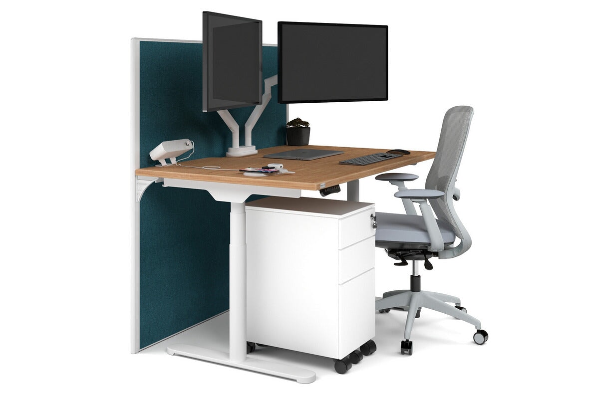 Flexi Premium Height Adjustable Single Workstation [1400L x 800W with Cable Scallop] Jasonl white leg salvage oak deep blue (1200H x 1400W)