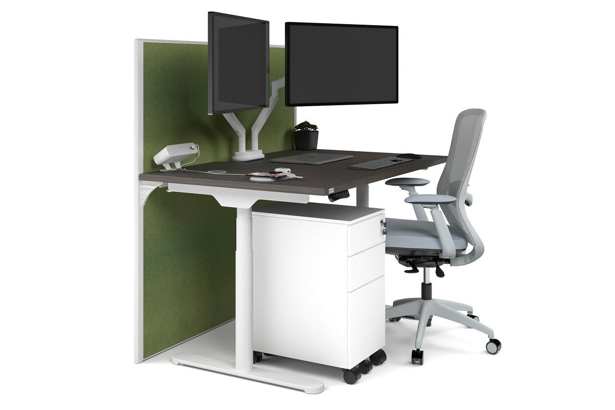 Flexi Premium Height Adjustable Single Workstation [1400L x 800W with Cable Scallop] Jasonl white leg dark oak green moss (1200H x 1400W)