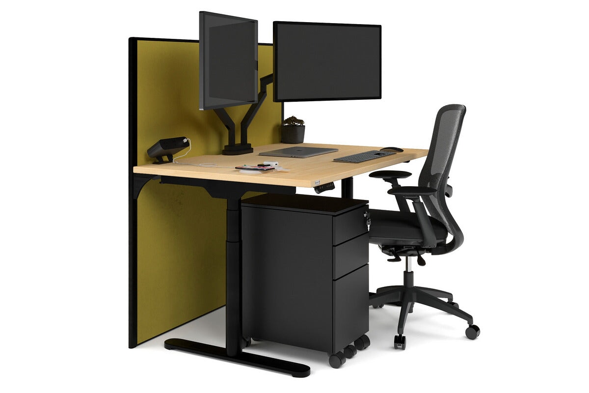 Flexi Premium Height Adjustable Single Workstation [1400L x 800W with Cable Scallop] Jasonl black leg maple mustard yellow (1200H x 1400W)