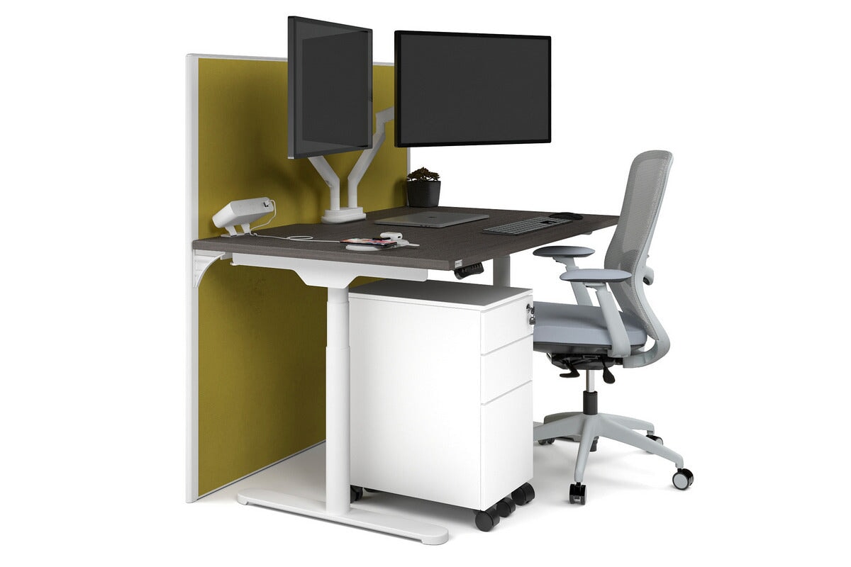 Flexi Premium Height Adjustable Single Workstation [1400L x 800W with Cable Scallop] Jasonl white leg dark oak mustard yellow (1200H x 1400W)