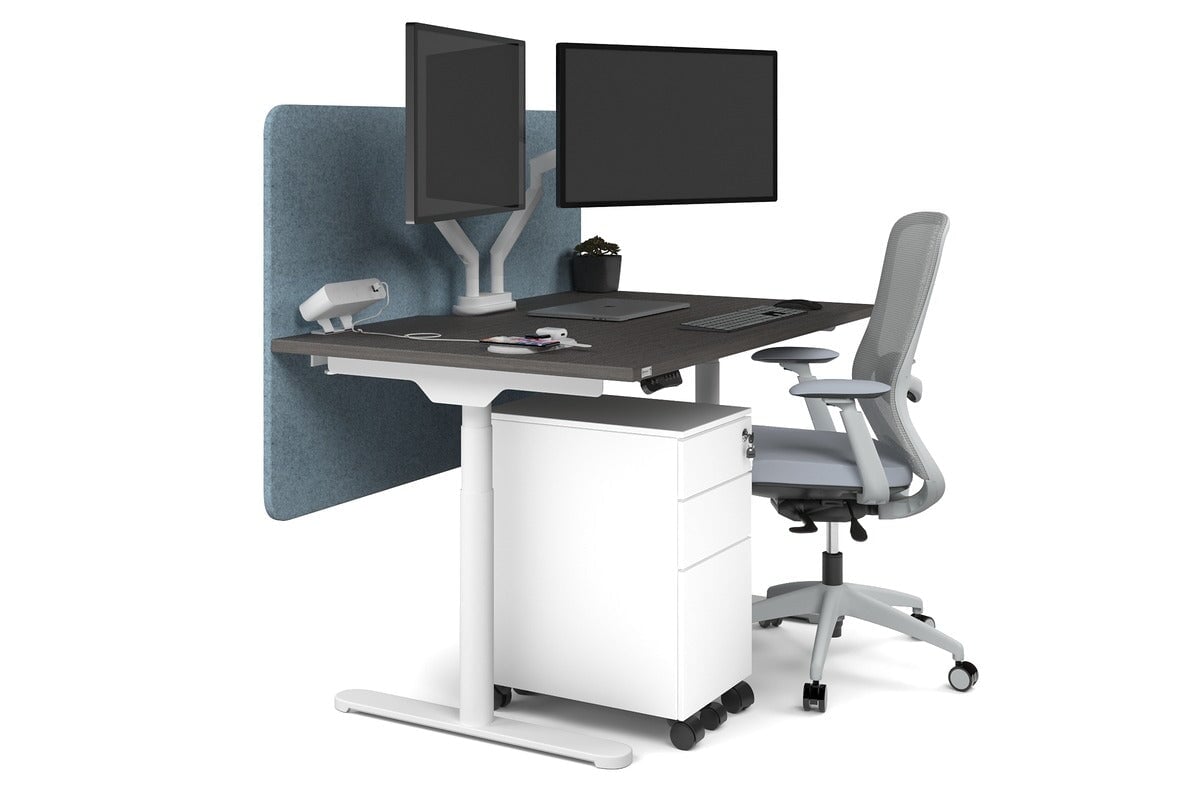 Flexi Premium Height Adjustable Single Workstation [1400L x 800W with Cable Scallop] Jasonl white leg dark oak blue echo panel (820H x 1400W)