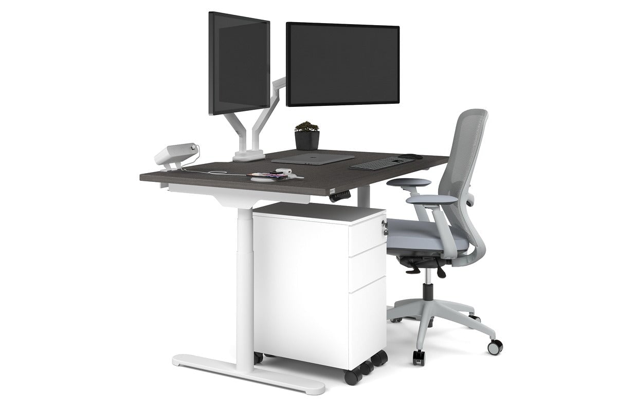 Flexi Premium Height Adjustable Single Workstation [1400L x 800W with Cable Scallop] Jasonl white leg dark oak none