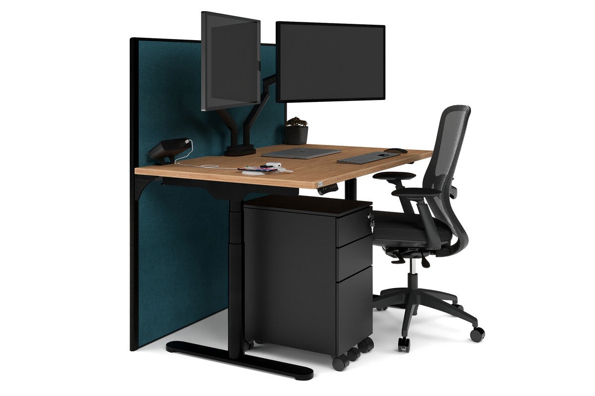 Flexi Premium Height Adjustable Single Workstation [1400L x 800W with Cable Scallop] Jasonl black leg salvage oak deep blue (1200H x 1400W)