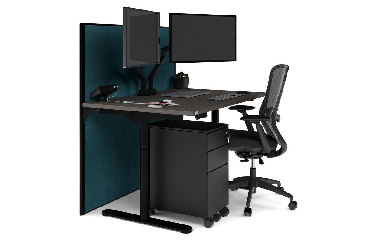 Flexi Premium Height Adjustable Single Workstation [1400L x 800W with Cable Scallop] Jasonl black leg dark oak deep blue (1200H x 1400W)