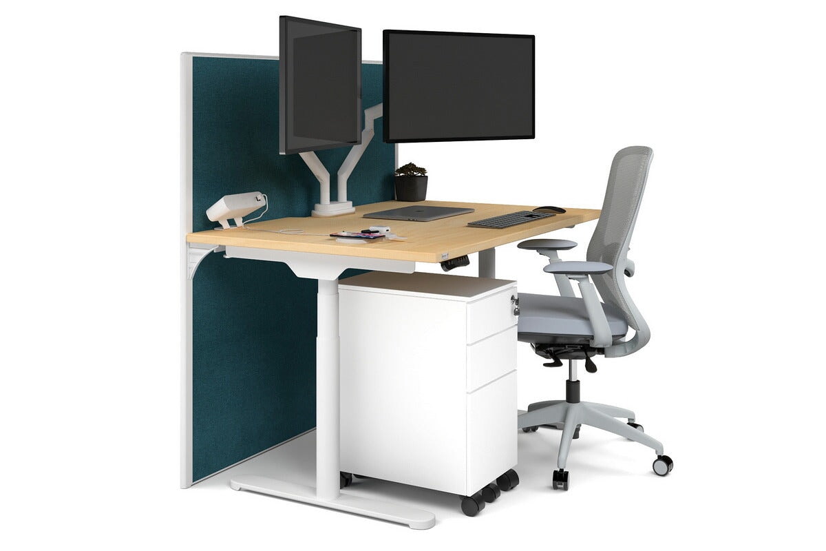 Flexi Premium Height Adjustable Single Workstation [1400L x 800W with Cable Scallop] Jasonl white leg maple deep blue (1200H x 1400W)