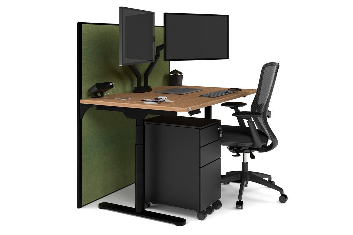 Flexi Premium Height Adjustable Single Workstation [1400L x 800W with Cable Scallop]-black leg salvage oak green moss (1200H x 1400W)