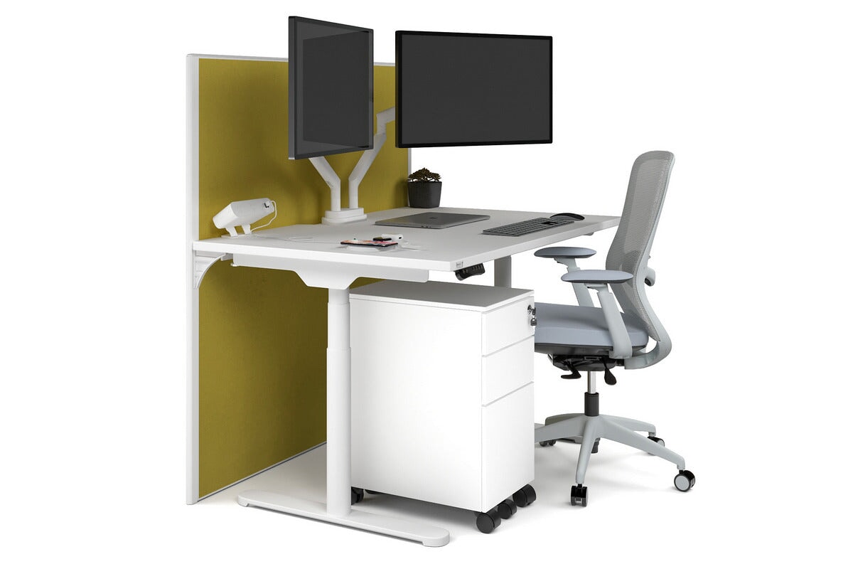 Flexi Premium Height Adjustable Single Workstation [1400L x 800W with Cable Scallop] Jasonl white leg white mustard yellow (1200H x 1400W)