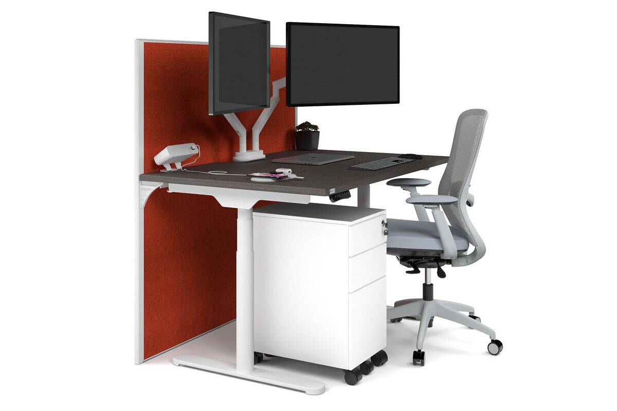 Flexi Premium Height Adjustable Single Workstation [1400L x 800W with Cable Scallop] Jasonl white leg dark oak orange squash (1200H x 1400W)