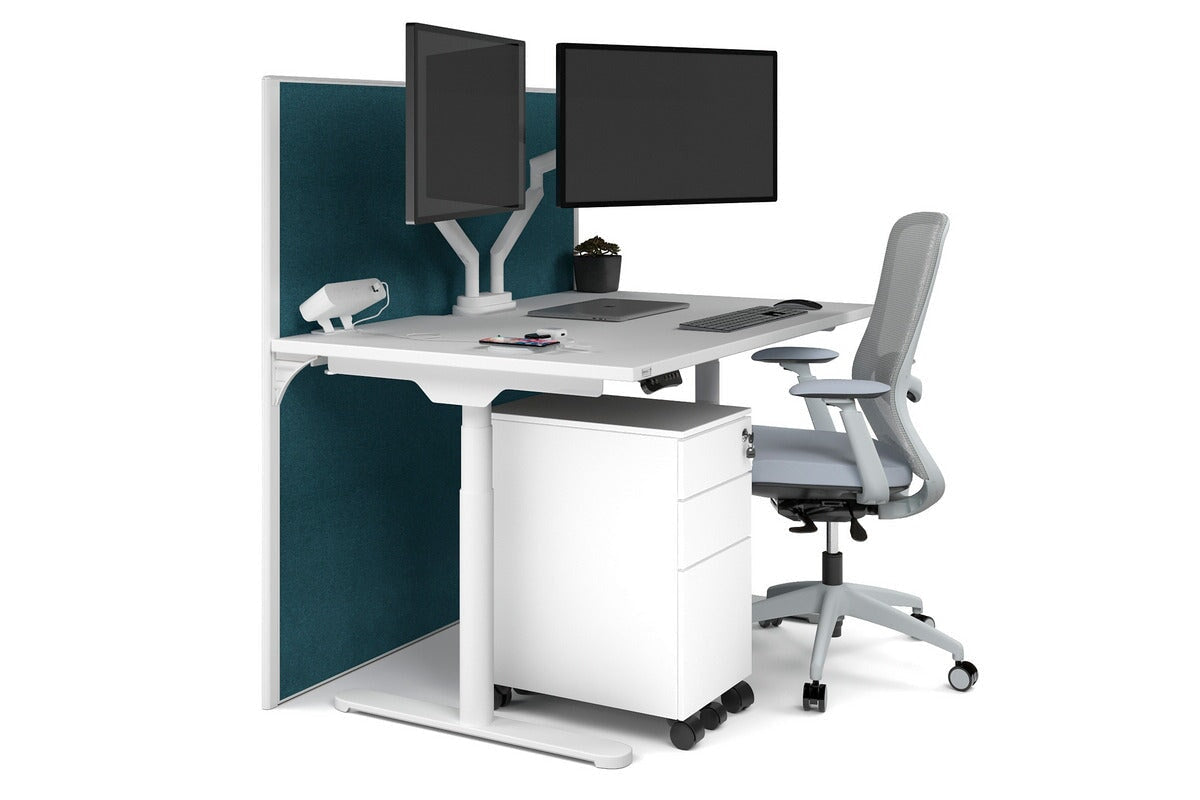 Flexi Premium Height Adjustable Single Workstation [1400L x 800W with Cable Scallop] Jasonl white leg white deep blue (1200H x 1400W)