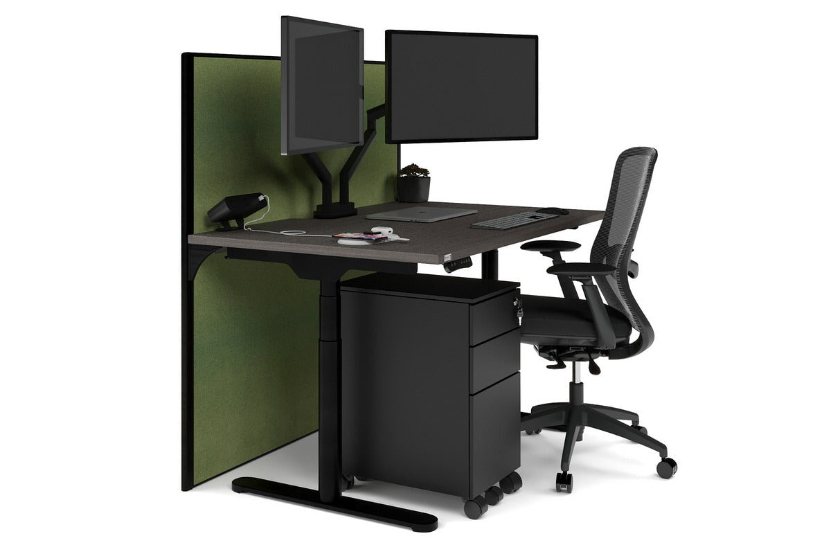 Flexi Premium Height Adjustable Single Workstation [1400L x 800W with Cable Scallop] Jasonl black leg dark oak green moss (1200H x 1400W)