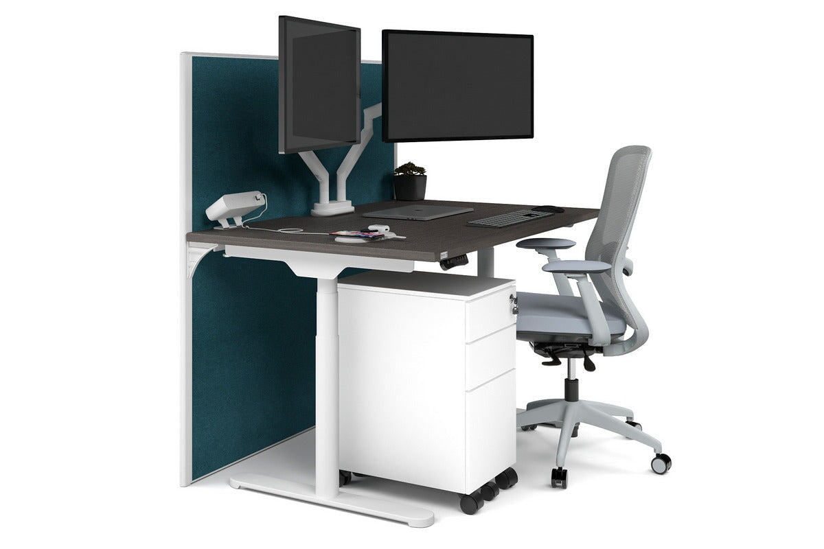 Flexi Premium Height Adjustable Single Workstation [1400L x 800W with Cable Scallop]-white leg dark oak deep blue (1200H x 1400W)