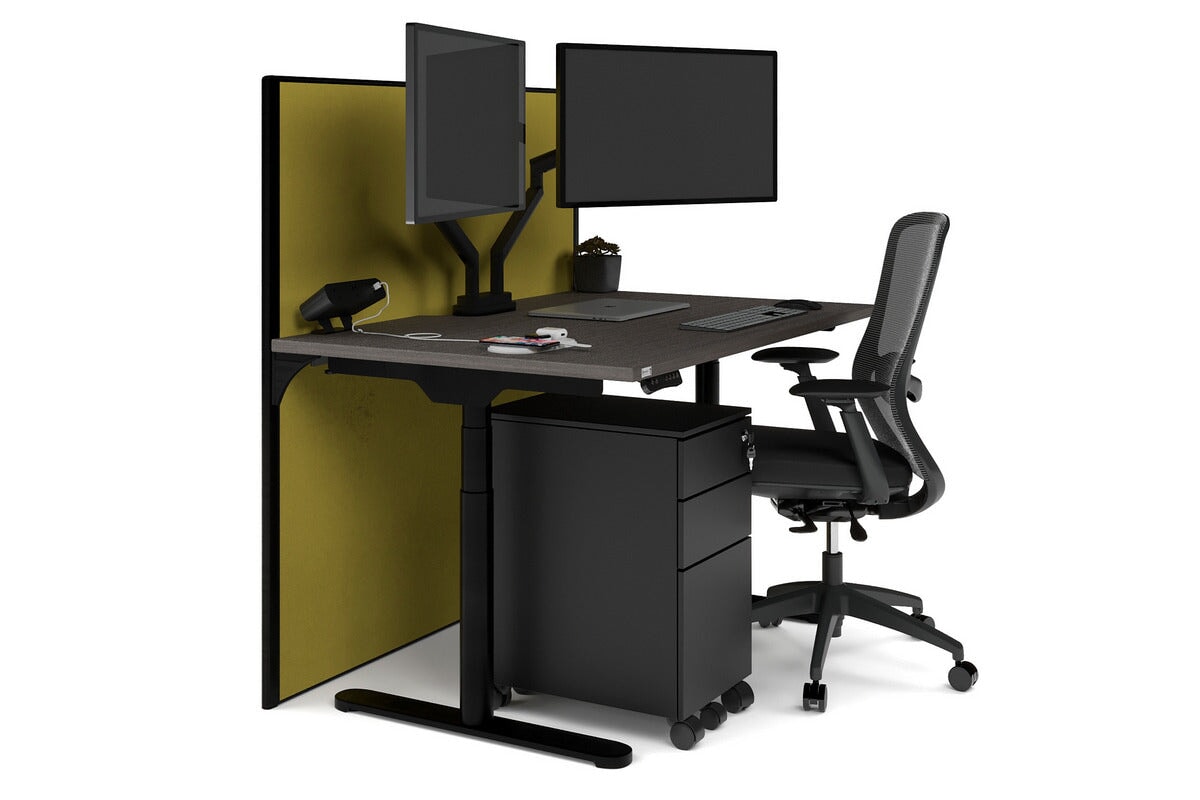 Flexi Premium Height Adjustable Single Workstation [1400L x 800W with Cable Scallop] Jasonl black leg dark oak mustard yellow (1200H x 1400W)