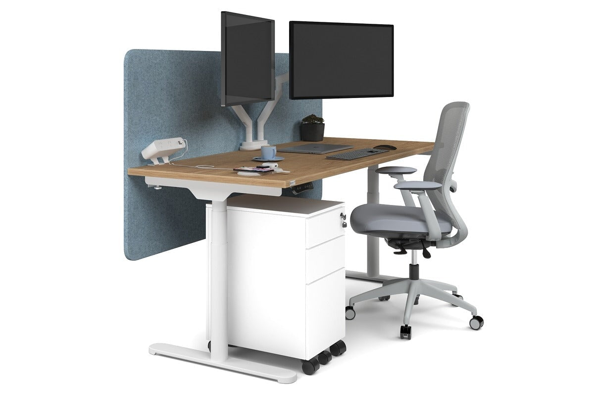 Flexi Premium Height Adjustable Single Workstation [1600L x 700W]-white leg salvage oak blue echo panel (820H x 1600W)
